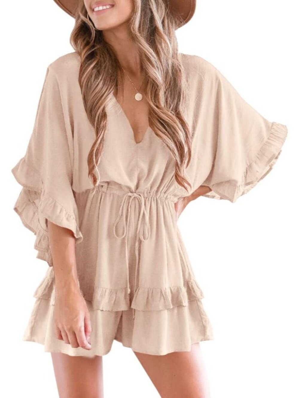 Womens V Neck Beach Romper Ruffle Layered Drawstring Jumpsuits